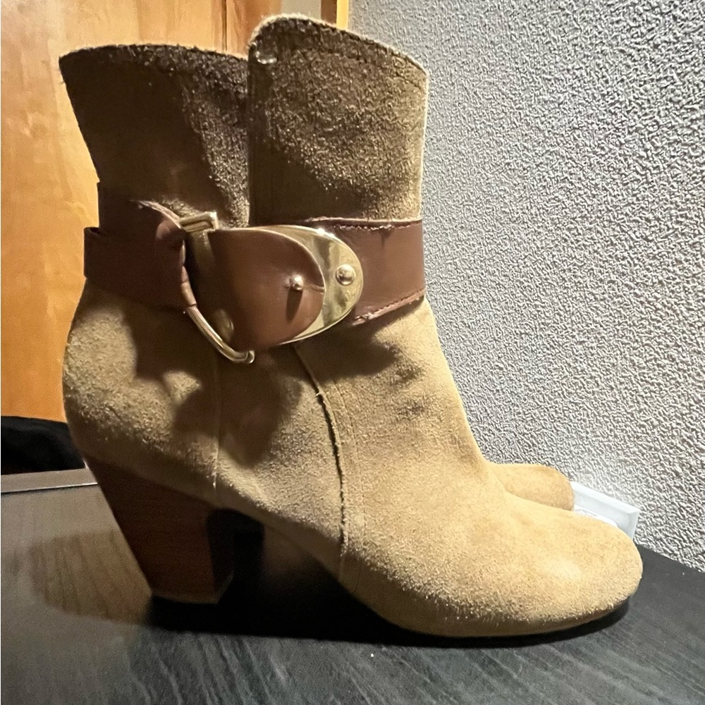 Sofft Beige Suede Ankle Boots with Brown Strap